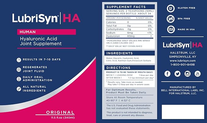 Lubrisyn Hyaluronic Acid Oral Joint Supplement – Liquid HA Formula for Humans – Promotes Joint Support, Mobility, Flexibility, Hydration & Healthy Function for Men & Women – Original 11.5oz