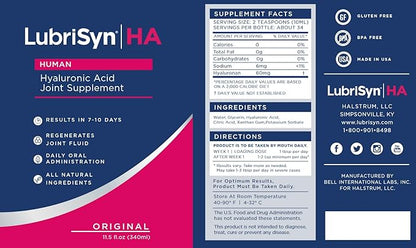 Lubrisyn Hyaluronic Acid Oral Joint Supplement – Liquid HA Formula for Humans – Promotes Joint Support, Mobility, Flexibility, Hydration & Healthy Function for Men & Women – Original 11.5oz