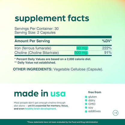 Choline 500mg Prenatal Supplement with Iron 40mg – Prenatal Vitamins for Women – Pregnancy Brain, Memory & Cognitive Support – Ferrous Fumarate, Vegan – 30 Servings