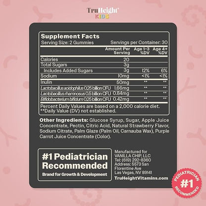 TruHeight Kids Prebiotic & Probiotic Gummies Ages 2+ (Strawberry Flavor) Toddlers & Kids All Natural Gut Health, Digestive Enzymes, Stomache Ache, Constipation Relief Supplement - Pediatric Vitamins