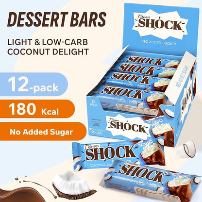 Fitness SHOCK Coconut Chocolate Bars - No Added Sugar, Low Calorie Guilt-Free Low Carb Snack - 0g Added Sugar, Only 180 Kcal, 13g Net Carbs, 7mg Sodium - 12 x 50g