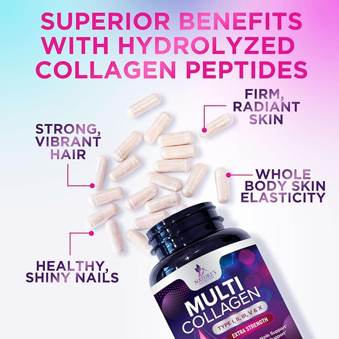 Multi Collagen Pills 2400 mg Per Serving - Advanced Types I, II, III, V, X - Hydrolyzed Multi Collagen Peptides Pills Supplement for Women & Men - Hair, Skin, & Nail Support Supplements - 240 Capsules