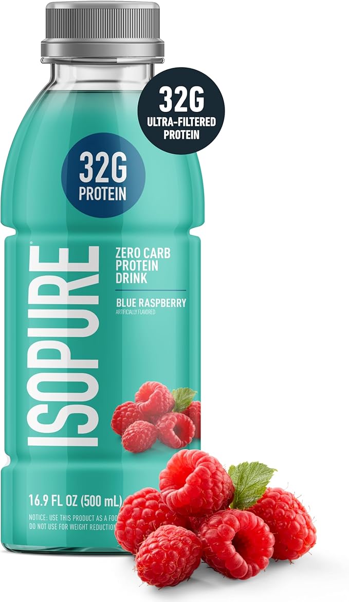 Isopure Zero Carb 32g Clear Protein Ready-to-Drink, Whey Protein Isolate, Blue Raspberry, 12 Pack (Packaging May Vary)