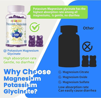 Potassium Magnesium Gummies,Potassium Supplement w/Ashwagandha,High Absorption Magnesium Glycinate,B6,D3,Potassium Citrate for Leg Cramps,Muscle,Electroyte for Adults Kids,Sugar-Free, 60 Gummies