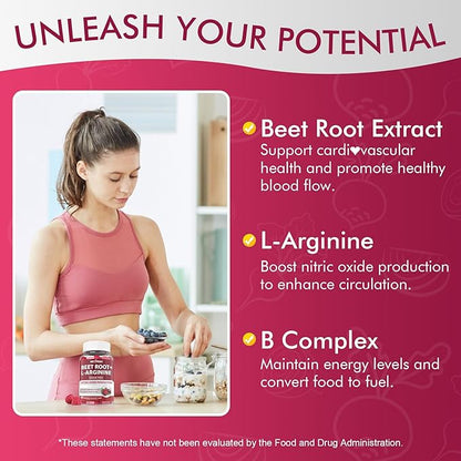 Beet Root Gummies, Beetroot & L-Arginine, Red Beets Supplements w/ Vitamin B1, B2, B3, B5, B6, Folate, B12 for Energy Boost & Circulation Support, Sugar Free Nitric Oxide Gummies, 60 Beet Chews
