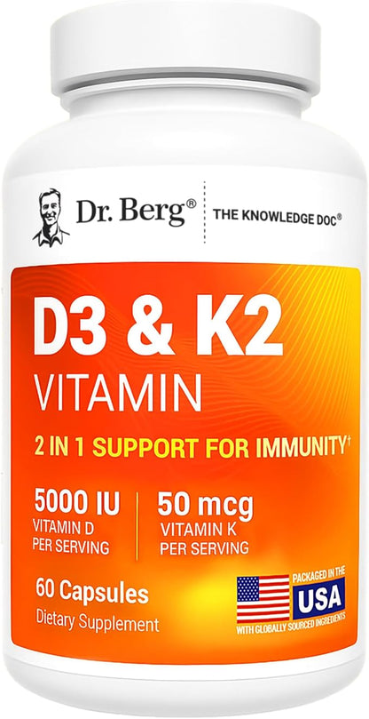 Dr. Berg Maximum Strength 2-in-1 Vitamin D3 K2 5,000 IU | Naturally Derived D3 | 4X Lab-Tested & Verified | High Absorption Formula | K2 D3 Vitamin Supplement - 60 Capsules