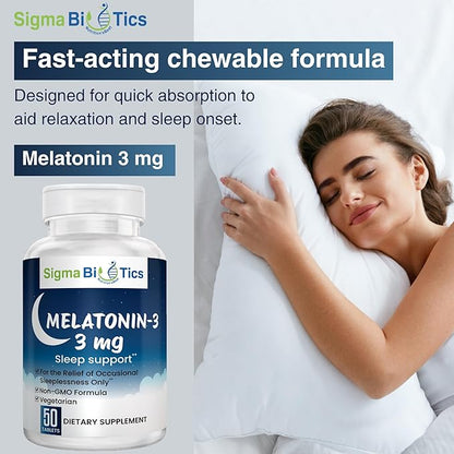 Sigma Biotics Melatonin 3mg Chewable Tablets - Sleep Supplement for Optimum Rest & Sleep-Wake Cycle - Non-GMO Melatonin Pills - Ideal for Occasional Sleeplessness - 3mg Dose, 50 Tablets