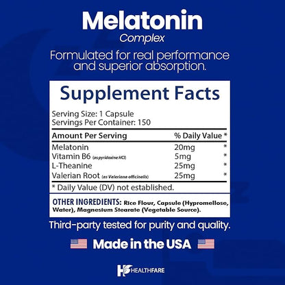 Healthfare Melatonin 20mg | 150 Veg Capsules | Complex with L-Theanine | Valerian Root & Vitamin B6 | Vegetarian Formula | Non-GMO | Gluten-Free | Made in The USA