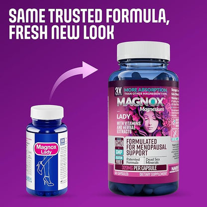 MAGNOX® Lady Magnesium Supplement | Menopause and PMS Support Supplement for Women | Magnesium Complex with Vitamins B6, B1, B12, D, Zinc | High-Absorption Dead Sea Organic Magnesium | 60 Capsules