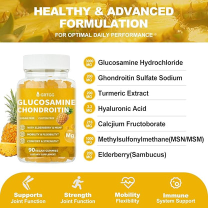 Glucosamine Chondroitin Gummies with MSM & Elderberry Extra Strength 3000MG - Joint Support, Antioxidant Immune Support Supplement for Adults, Men & Women - 90 Pineapple Gummies