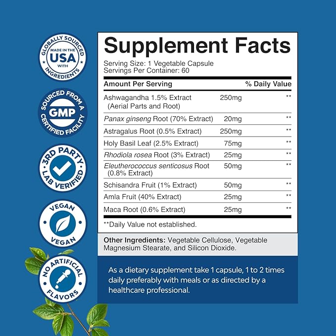 Herbal Adaptogen Mood Support Supplement - Calming Adaptogens Supplement for Stress & Cortisol Management with Ashwagandha Rhodiola Rosea & Maca Root - Vegan & Daytime Friendly - 60 Count