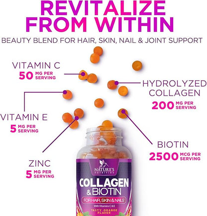 Collagen Gummies - 2500mcg Biotin Per Serving - Complete Collagen Supplement with Hydrolyzed Peptides Type I & III, Biotin, Zinc, & Vitamin C - Hair, Skin, & Nail Support Women & Men - 120 Gummies