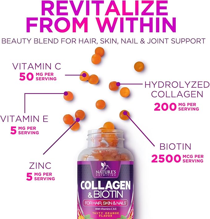 Collagen Gummies - 2500mcg Biotin Per Serving - Complete Collagen Supplement with Hydrolyzed Peptides Type I & III, Biotin, Zinc, & Vitamin C - Hair, Skin, & Nail Support Women & Men - 60 Gummies