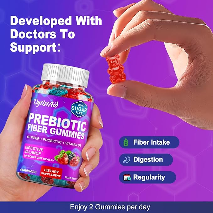 Prebiotic Fiber Gummies, 5g Fiber per Serving, 2 Billion CFU Bacillus Coagulans + Vitamin D3, Sugar Free Pectin Mixed Berry Gummies, Inulin (FOS) + Acacia + Apple Pectin, 120 Gummies (60 Servings)
