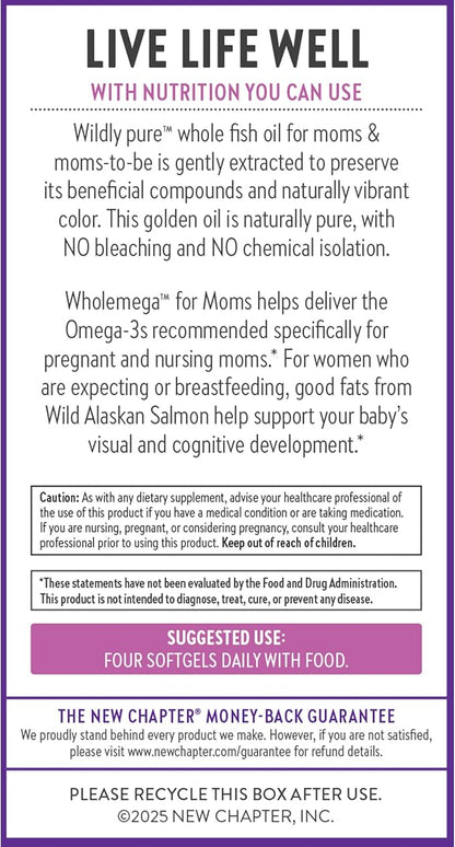 New Chapter Wholemega for Moms Fish Oil Supplement, Tiny Capsules, 2000mg per Serving, Prenatal DHA with Omega-3 + Vitamin D3 for Prenatal & Postnatal Support, 500mg Each - 180 Count