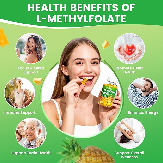 2 Pack L-Methylfolate 15 mg Gummies with Methyl B12, Methylated B1, B2, B6, Active 5-MTHF & High Absorption - Supports Brain Health & Immune System, Pineapple Flavor, 120 Count