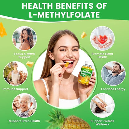 2 Pack L-Methylfolate 15 mg Gummies with Methyl B12, Methylated B1, B2, B6, Active 5-MTHF & High Absorption - Supports Brain Health & Immune System, Pineapple Flavor, 120 Count