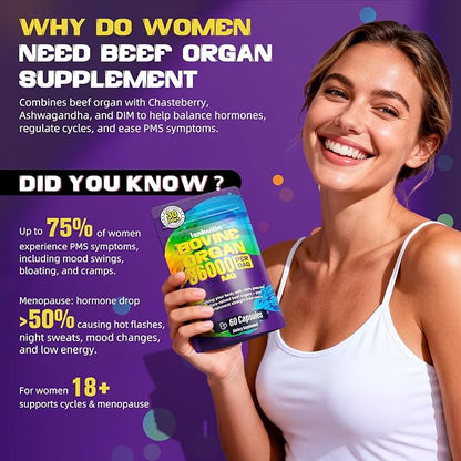 Beef Organ Supplement for Women - 100% Grass Fed Beef Organs with Bovine Liver, Ovary, Uterus, Kidney, Heart & Fallopian Tubes - PMS, Menopause & Energy, Immune & Mood Support, 60 Count