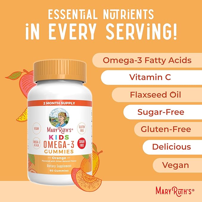 MARYRUTH'S Vegan Omega 3 Gummies for Kids 2+, 2 Month Supply, Sugar Free, Omega 3 Supplement with Vitamin C, Flaxseed Oil, Immune Support, Essential Nutrient ALA, No Fish Taste, 60 Count