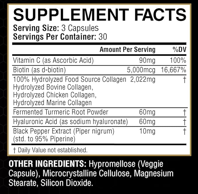 Multi Collagen + Fermented Turmeric – Hydrolyzed Collagen Types I, II & III with Biotin, Hyaluronic Acid & Vitamin C – Skin, Hair, Nail & Joint Support – 90 Capsules