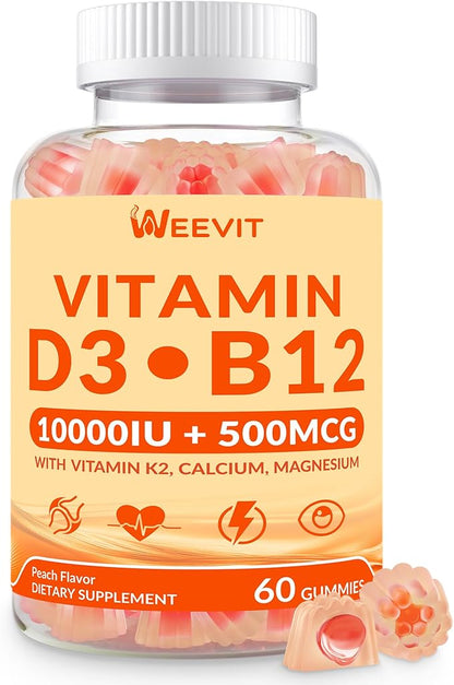 WEEVIT Vitamin D3 B12 Gummies, Vitamin D and B12 Gummy Suppment with Vitamin A, C, K, Calcium, Magnesium, Zinc for Women & Men