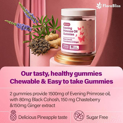 FloraBliss 90 Evening Primrose Oil Gummies | 1500mg | with Black Cohosh, Chasteberry, Ginger Extract for Daily Women's Wellness Support | Vegan, Non-GMO, Sugar-Free
