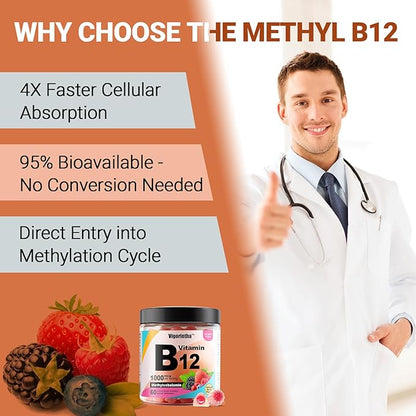 Methyl Vitamin B12 Gummies 1000mcg, Vitamin B12 Methylcobalamin Supplement for Energy & Metabolism, Sugar Free, Vegan, 60 Gummies.