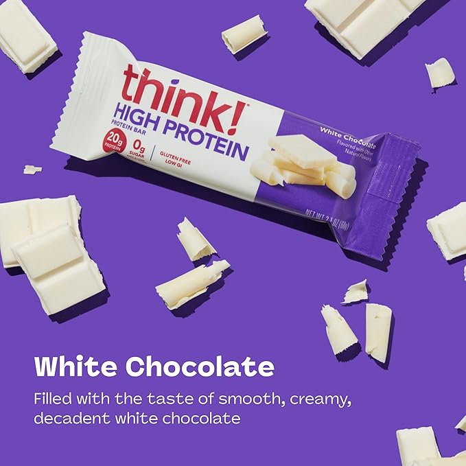 think! Protein Bars, High Protein Snacks, Gluten Free, Kosher Friendly, White Chocolate, Nutrition Bars, 2.1 Oz per Bar, 10 Count (Packaging May Vary)