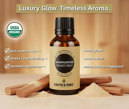Earth N Pure Sandalwood (Chandan Oil) Essential Oil for Skin- Natural and Therapeutic Grade with Glass Dropper - 30 ml