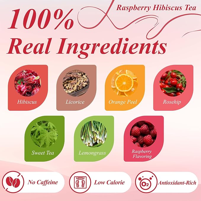 WT WEETEE Raspberry Hibiscus Herbal Tea Bags 100 Count, Hibiscus, Lemongrass & Rosehip Blend with Natural Raspberry Flavor, Caffeine Free, Hot or Iced Tea