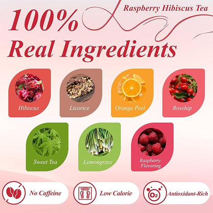 WT WEETEE Raspberry Hibiscus Herbal Tea Bags 100 Count, Hibiscus, Lemongrass & Rosehip Blend with Natural Raspberry Flavor, Caffeine Free, Hot or Iced Tea