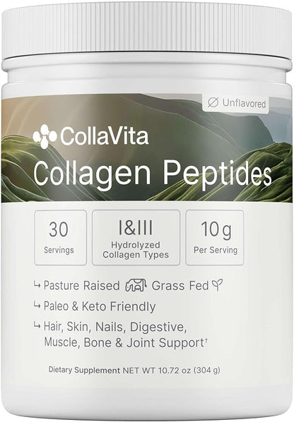Collagen Peptides Powder Grass-Fed Pasture-Raised Hydrolyzed Collagen Powder, Type I & III Hair, Nails, Skin and Joints, Non-GMO, Paleo & Keto, Unflavored, 10 Fl oz. 30 Servings