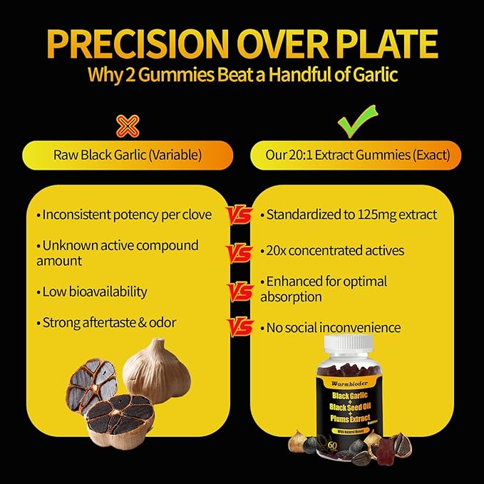Black Garlic Black Seed Oil Gummies,with Honey Vitamin C Plums Extract,Overall Health,Non-GMO & Vegan,Black Garlic Flavored