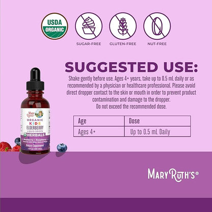 MARYRUTH'S USDA Organic Elderberry Liquid Drops for Kids | Vegan Elderberry Extract Organic Glycerin | Immune Support Supplement | Overall Health | Formulated for Ages 4-13 | 1oz