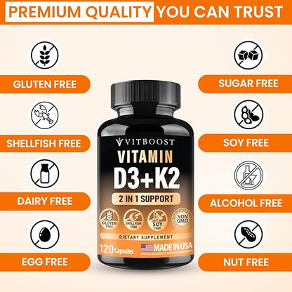 VITBOOST Vitamin D3 K2 Complex - Easy to Swallow - Vitamin D (D3) 5000 IU (125 mcg) & K2(MK-7) 90 mcg | Non-GMO | Gluten-Free | USA Made | 120 Capsules