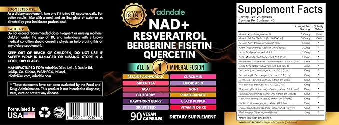 Adndale Liposomal NAD Supplement. Longevity Formula NMN Supplement Alternative. 90CT Advanced NAD+ Resveratrol