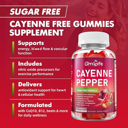 Cayenne Pepper Beet Root Gummies, with Beetroot Garlic CoQ10 Hawthorn Berry Grape Seed Extract Olive Leaf Nattokinase Hibiscus Vitamin D Nitric Oxide and Others, Support Overall Wellness, 60 Count