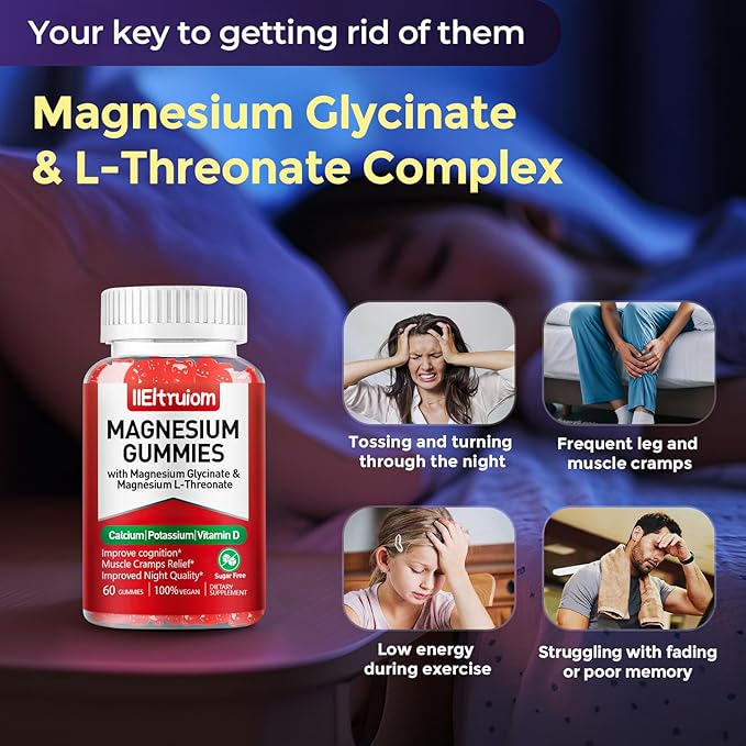 Liposomal Magnesium Complex 190mg for Kids Per Serving, Magnesium Glycinate with L-Threonate, Vitamin D3, CoQ10, L-Threonate Gummies for Rest Support, Sugar/Gluten Free, 120 Count