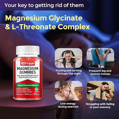 Liposomal Magnesium Complex 190mg for Kids Per Serving, Magnesium Glycinate with L-Threonate, Vitamin D3, CoQ10, L-Threonate Gummies for Rest Support, Sugar/Gluten Free, 120 Count