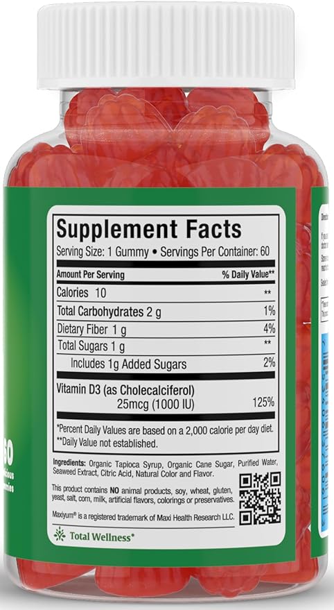Maxi Health Vitamin D Gummies – 1000 IU Vitamin D3 Gummies – Supports Immune System, Bone & Muscle Wellness – Vegan, Kosher, Cherry Flavor, 60 Count