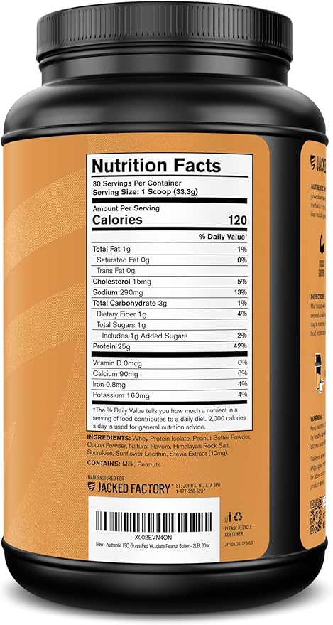 Jacked Factory Authentic ISO Whey Protein Isolate Powder - Low Carb, Non-GMO Muscle Building Protein w/No Fillers, Post Workout Recovery - 30 Servings, Chocolate Peanut Butter