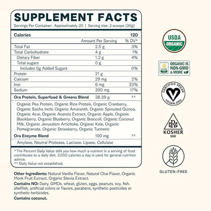 Ora Organic Vegan Protein Powder - 23g Plant-Based Protein Powder for Women and Men | Clean Protein Source, Keto Friendly, Gluten Free, Paleo, Dairy-Free, Soy-Free - Vanilla Chai - 20 Servings