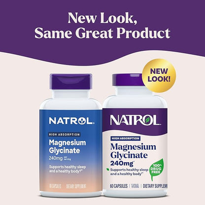 Natrol Magnesium Glycinate Supplements 240 mg - High Absorption - Calm Magnesium Glycinate for Sleep - 60 Capsules,30 Day Supply,(Pack of 2)
