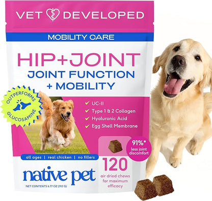 Native Pet Mobility Care - Hip & Joint Supplement for Dogs - UC-II Collagen, Egg Shell Membrane & Hyaluronic Acid - Dog Joint Supplement Chews Supports Cartilage, Mobility & Flexibility - 120 Chews