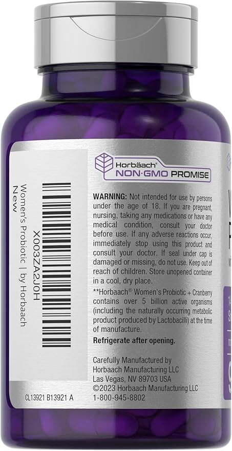 Horbäach Probiotic for Women with Cranberry | 90 Vegetarian Capsules | Dietary Supplement with 14 Probiotic Strains | Non-GMO, Gluten Free Supplement