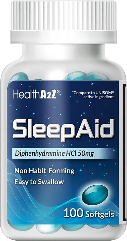 HealthA2Z Sleep Aid, Diphenhydramine Softgels, 50mg, Supports Deeper, Restful Sleeping, Non Habit-Forming (100 Counts)
