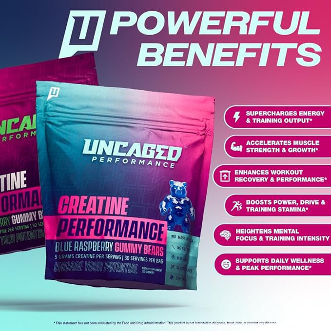 Creatine Monohydrate Gummies 5g with Prebiotic Fiber for Muscle Growth & Strength, 30 Servings, Blue Raspberry - Lab Tested - 5000mg Premium All Natural
