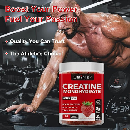 Creatine Monohydrate Gummies 5000mg – Sugar-Free, Vegan, Gluten-Free – Enhanced with Vitamin B12 & L-Taurine for Muscle Growth, Recovery & Strength – Delicious Strawberry Flavor, 60 Count