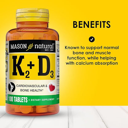 MASON NATURAL Vitamin K2 + D3, 300,Day Supply, with Calcium for Normal Bone and Muscle Support, 100 Tablets (Pack of 3)