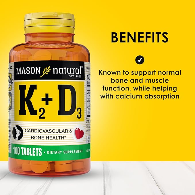 MASON NATURAL Vitamin K2 + D3, 100,Day Supply, with Calcium for Normal Bone and Muscle Support, Tablets